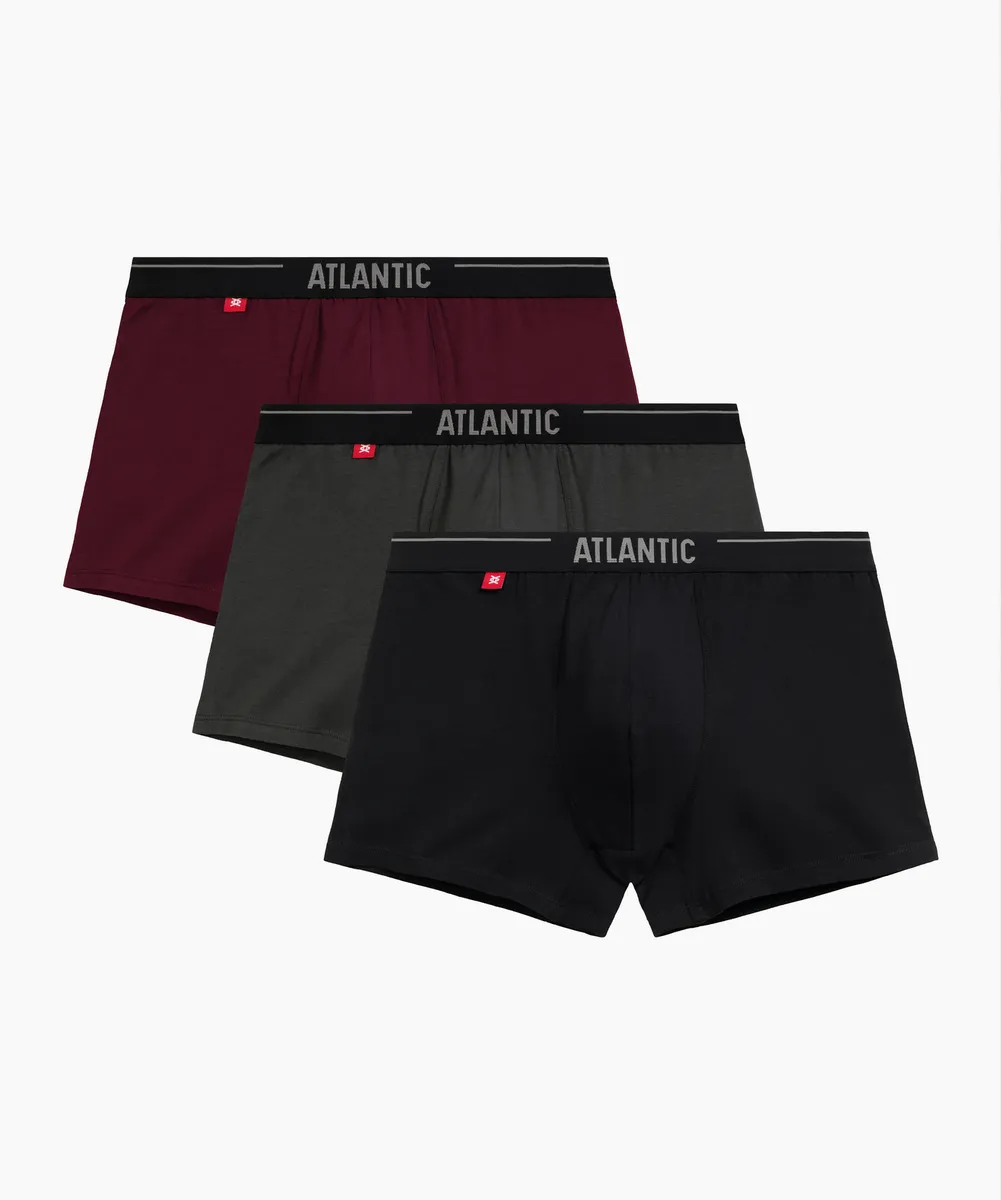 Мужские трусы шорты Atlantic, набор из 3 шт., хлопок, тёмно-фиолетовые + чёрные + тёмные хаки, 3MH-011