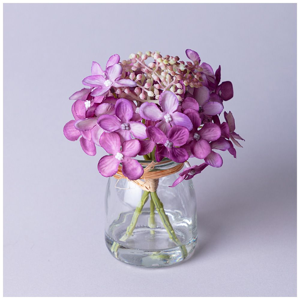 БУКЕТ ИСКУССТВЕННЫХ ЦВЕТОВ В КРУГЛОЙ ВАЗЕ ВЫСОТА= 14СМ (МАЛ=8ШТ./КОР=64ШТ.)