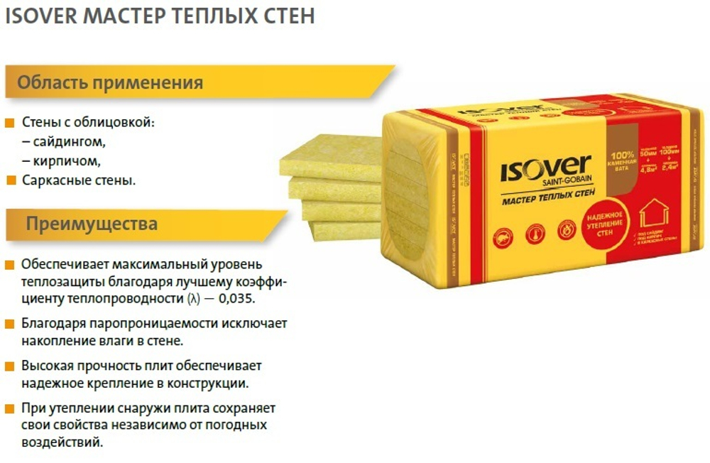 Утеплитель Изовер Базальтовая плита Мастер Теплых Стен 1000*600*50мм (4,8м2=0,240м3), 8шт