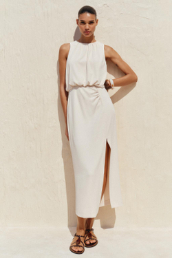 ZARA ПЛАТЬЕ МИДИ СО СБОРКАМИ НА ТАЛИИ, ЭКРЮ