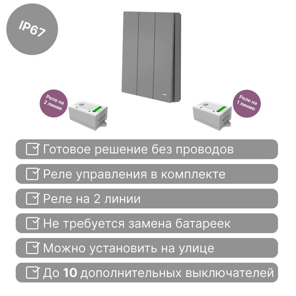 Беспроводной выключатель GRITT Evolution 3кл. графит комплект: 1 выкл. IP67, 2 реле 1000Вт, EV221311GR