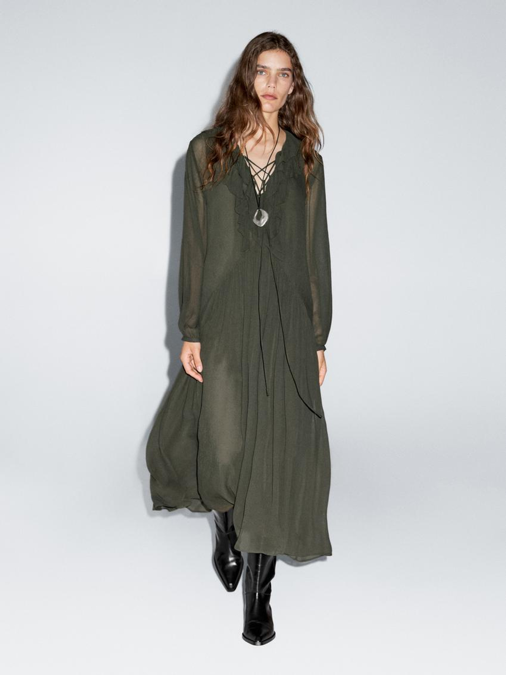 Massimo Dutti Длинное платье из струящейся ткани с воланом, темно-зеленый