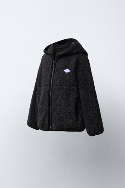 ZARA КУРТКА ИЗ ИСКУССТВЕННОЙ ОВЧИНЫ С КАПЮШОНОМ, ТЕМНЫЙ АНТРАЦИТ