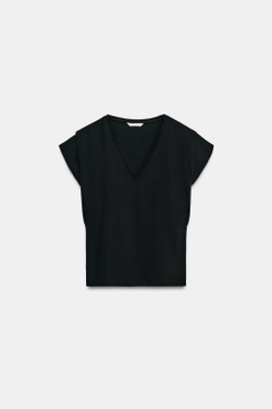 ZARA ХЛОПКОВАЯ ФУТБОЛКА С V-ОБРАЗНЫМ ВЫРЕЗОМ, ЧЕРНЫЙ