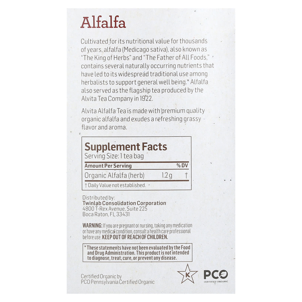 Alvita Teas, органический растительный чай из люцерны, без кофеина, 16 индивидуально упакованных чайных пакетиков, 19,28 г (0,68 унции)