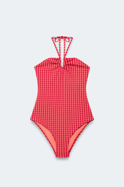 ZARA КУПАЛЬНИК В ПОЛОСКУ НА БРЕТЕЛЬКАХ - LIMITED EDITION, БУРГУНДИ