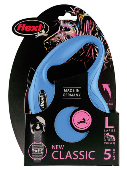 Поводок-рулетка Flexi New Classic L. Лента 5 м. для собак до 50 кг. Синий