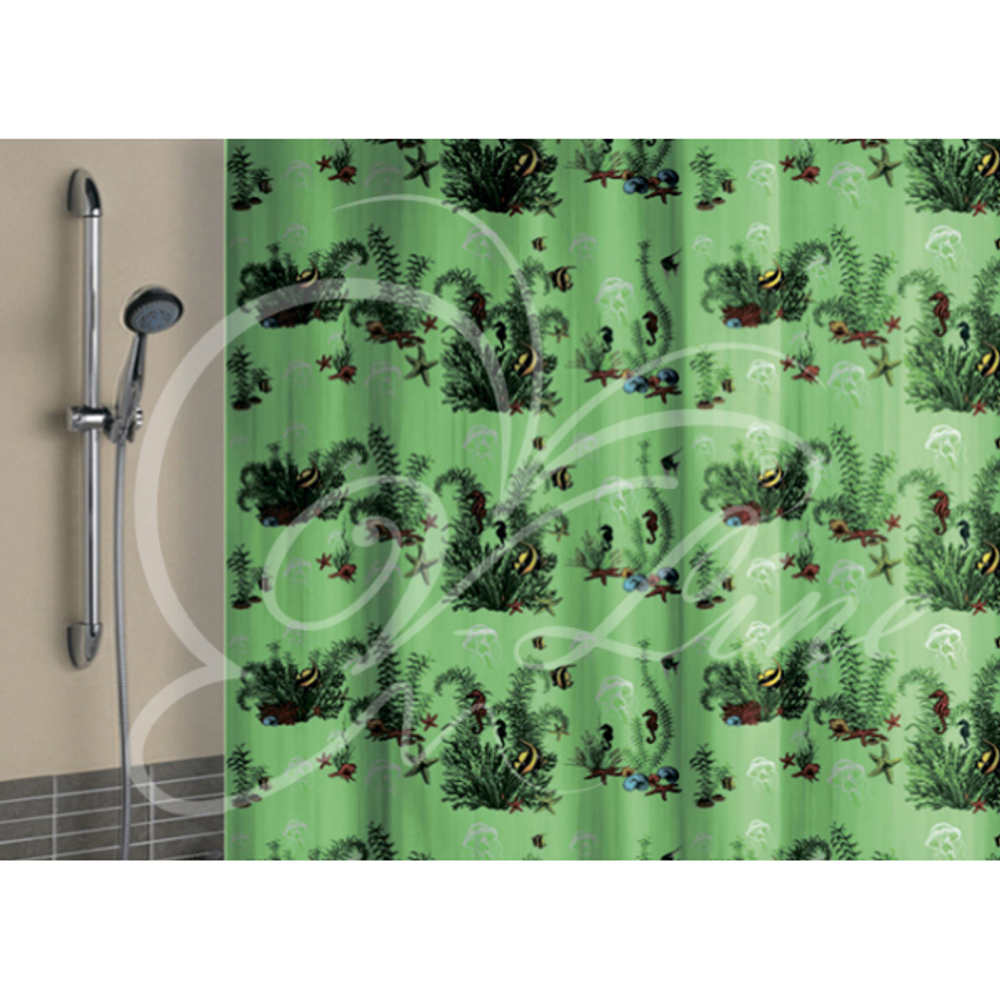 Штора для ванной полиэтилен 180*180 зеленый фон с кольцами