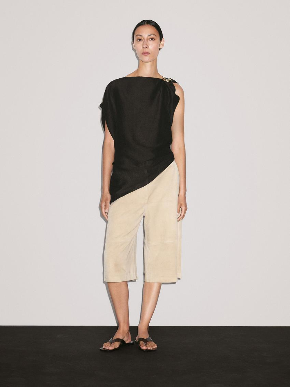 Massimo Dutti Блуза из смесового льна с деталью «Брошь», коричневый