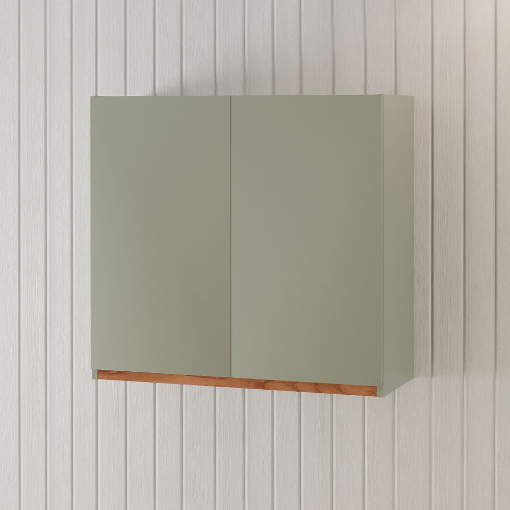 Навесной кухонный шкаф 80 см Малага 2 двери с дубовой панелью, с полкой / зеленый самшит, массив дуба