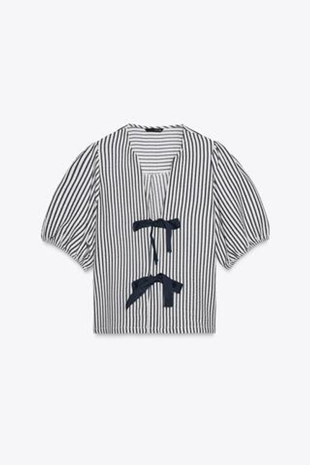 ZARA БЛУЗА ЛЬНЯНАЯ С ЗАВЯЗКАМИ, ЭКРЮ/ТЕМНО-СИНИЙ