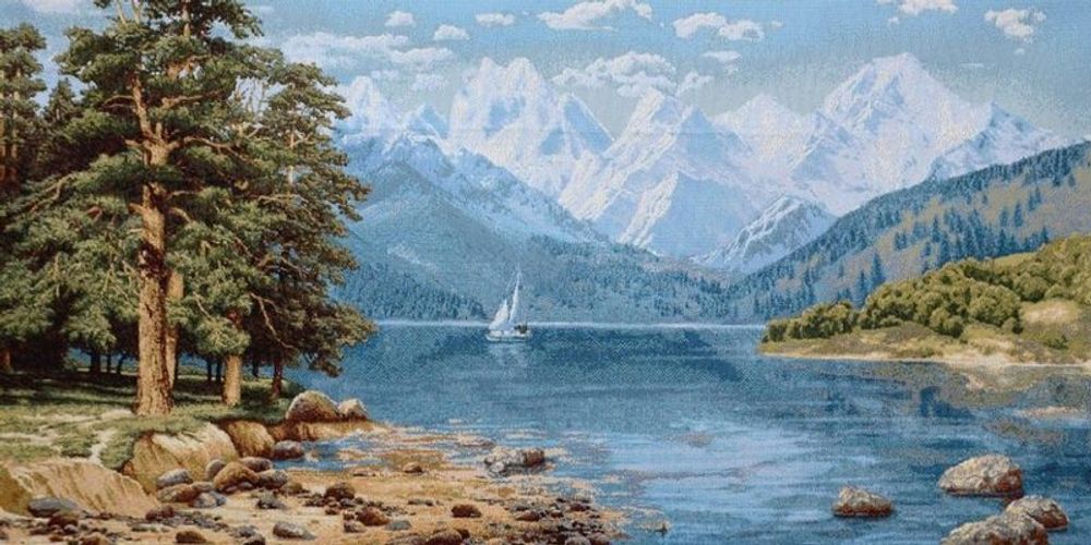 Гобеленовая картина &quot;D. ПАРУСНИК СРЕДИ ГОР&quot; в багетной раме, Россия.