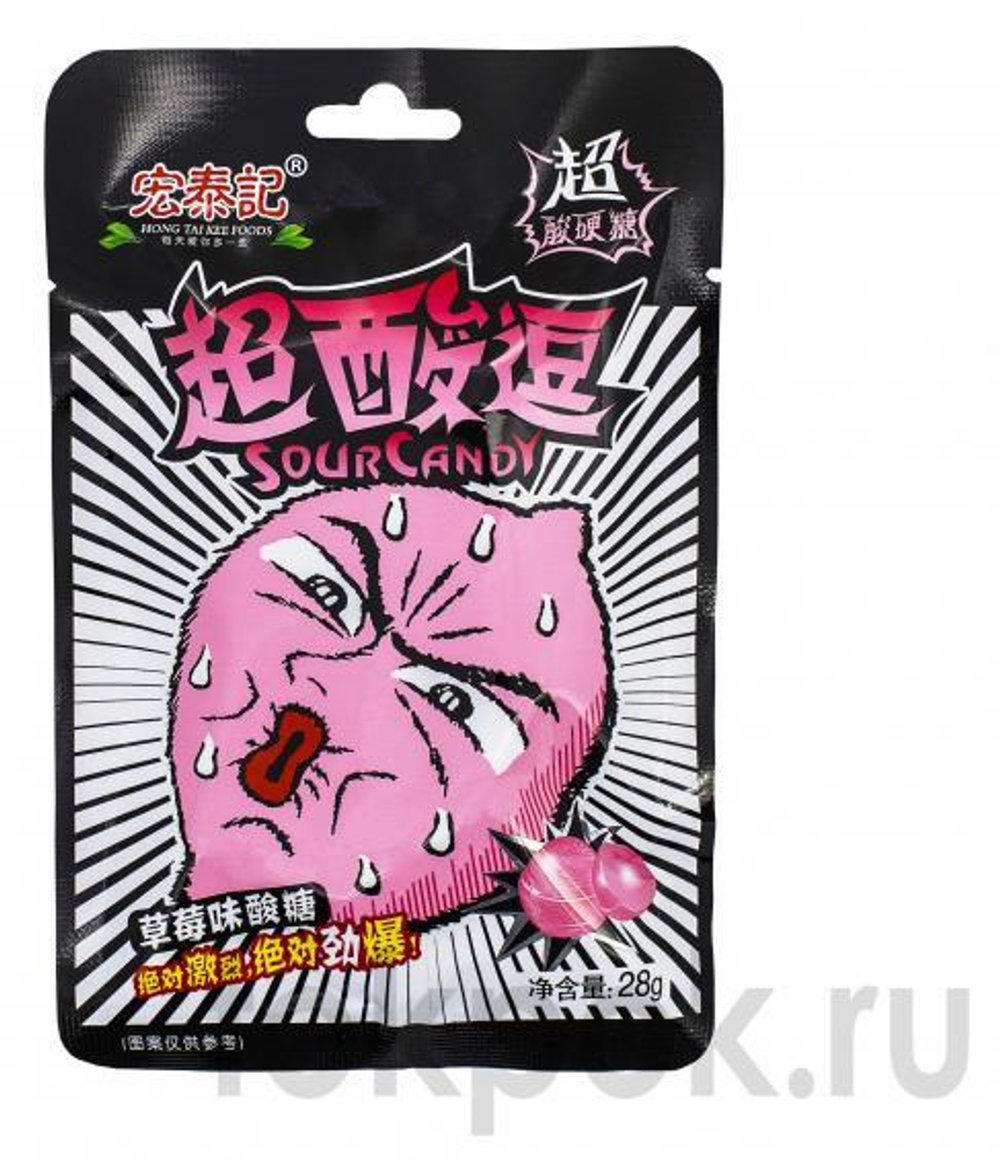 Кислые леденцы со вкусом клубники Sour Candy Hong Tai Kee Foods, 28 гр