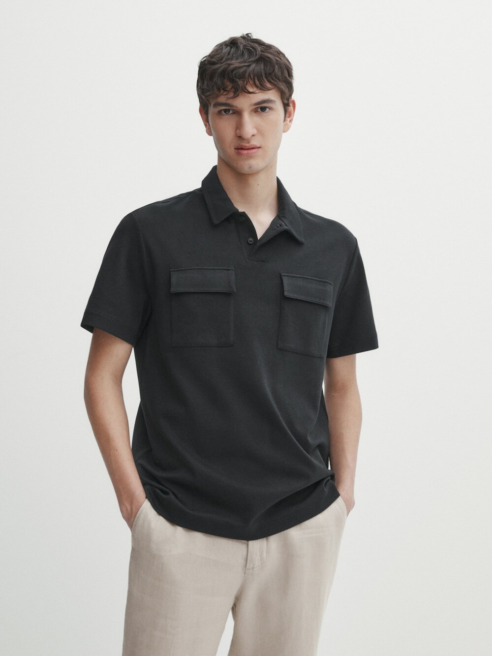 Massimo Dutti Хлопковая рубашка-поло с короткими рукавами и карманами, черный