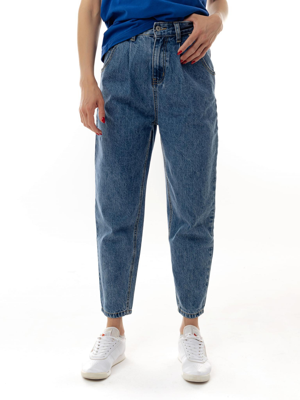 Джинсы женские синие / джинсы с высокой посадкой / джинсы с защипами