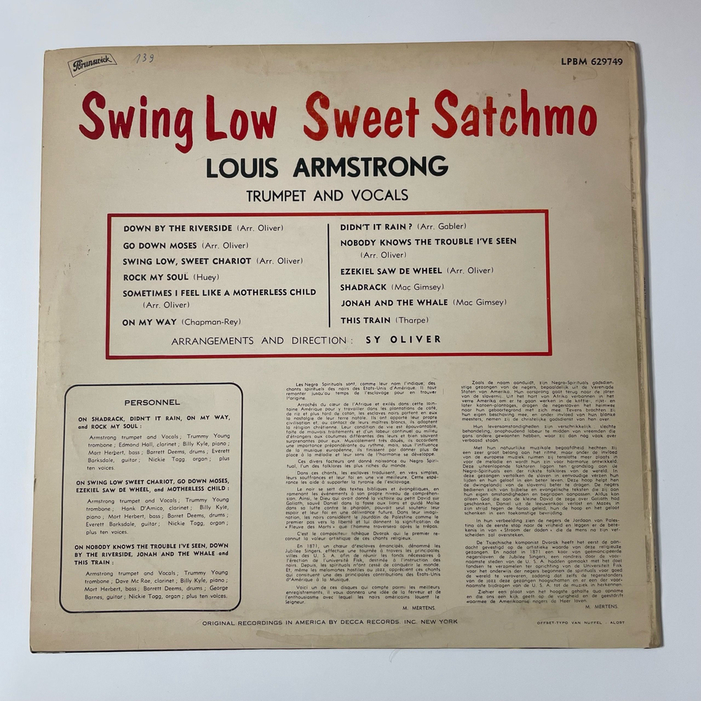 Винтажная виниловая пластинка LP Louis Armstrong Swing Low Sweet Satchmo (Германия 1958) Go Down Moses