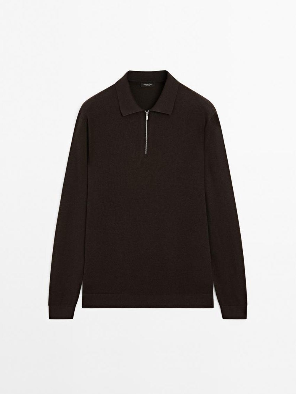 Massimo Dutti Свитер поло с молнией, коричневый