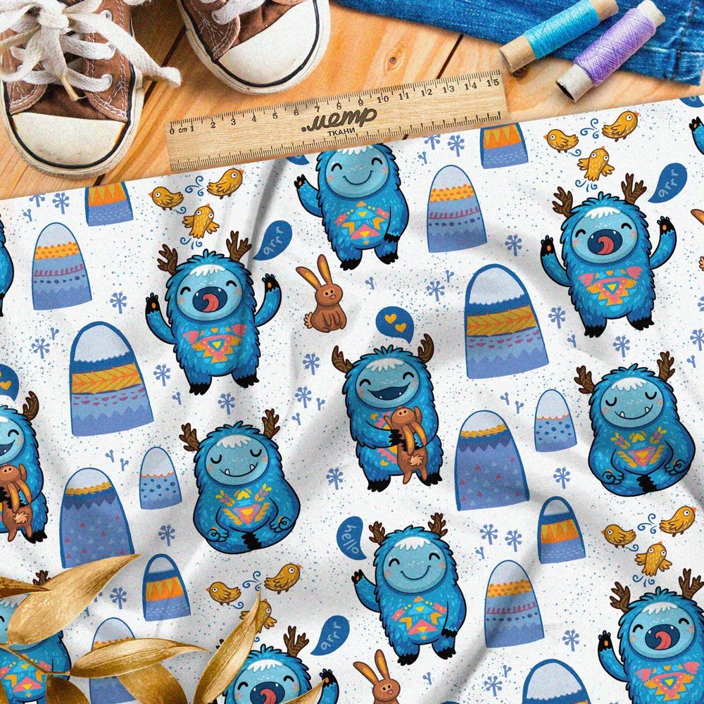 Ткань таффета пушистые олени и зайки у синих сугробов