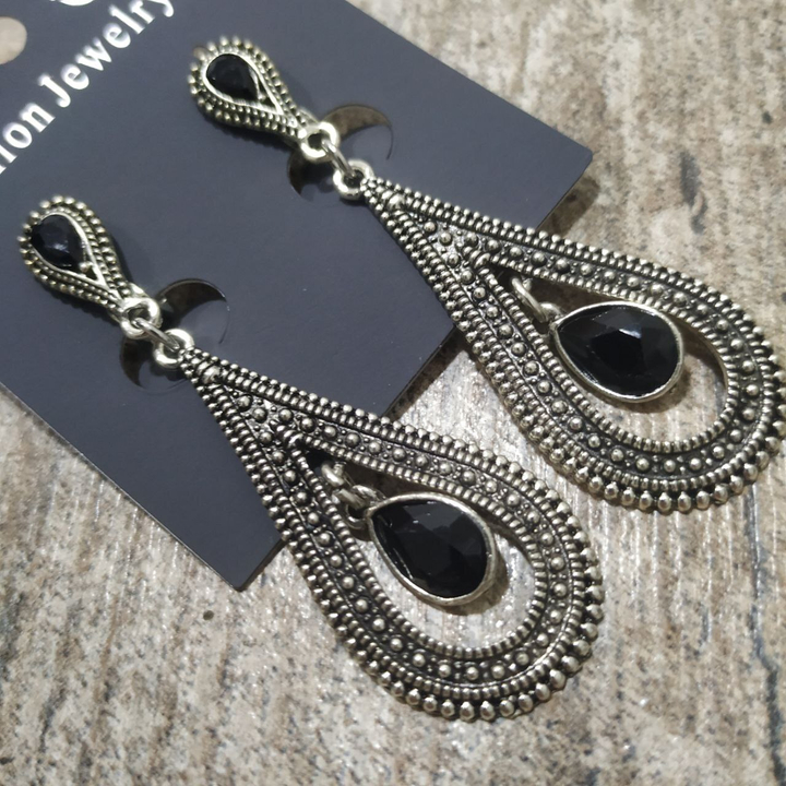 Клипсы Bohemia Капля с подвеской капля кристалл черный металл античный серебристый