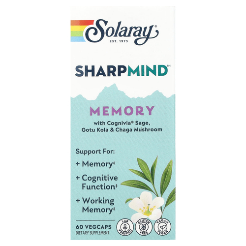 Solaray, Sharpmind ™ Memory с шалфеем Cognivia®, готу кола и грибами чага, 60 вегетарианских капсул