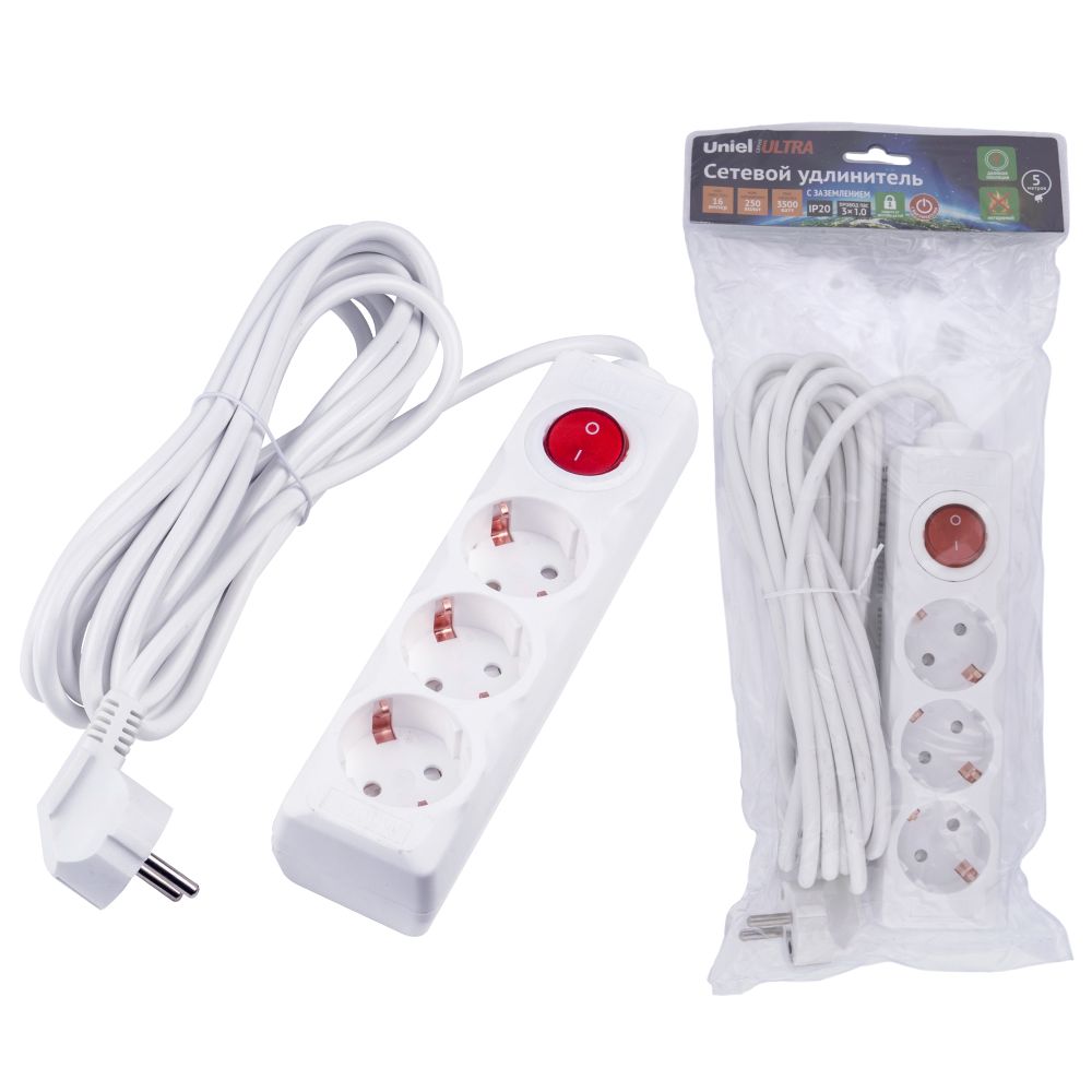 S-GCU3-5B WHITE Удлинитель серии Ultra. шнур 5м.. 3 гнезда. 16A. с-з. Белый. TM Uniel