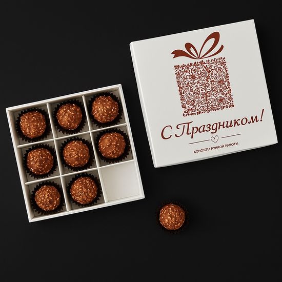 Упаковка с рисунком для 9 шоколадных конфет. С праздником!