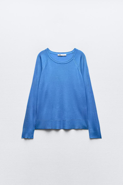 ZARA БАЗОВЫЙ ДЖЕМПЕР ИЗ ТОНКОГО ТРИКОТАЖА, СИНИЙ