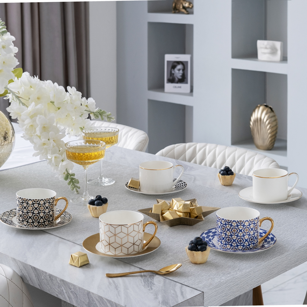 Чайная пара Farforite Illusion «Золотая кайма» 250 мл в подарочной коробке