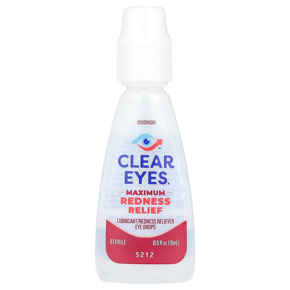 Clear Eyes, Максимальное снятие покраснения, Глазные капли лубриканта / снятия покраснения, 0,5 жидких унций (15 мл)