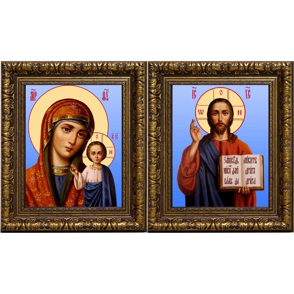 Казанская Божья Мать и Спаситель. Иконы на холсте. в рамах