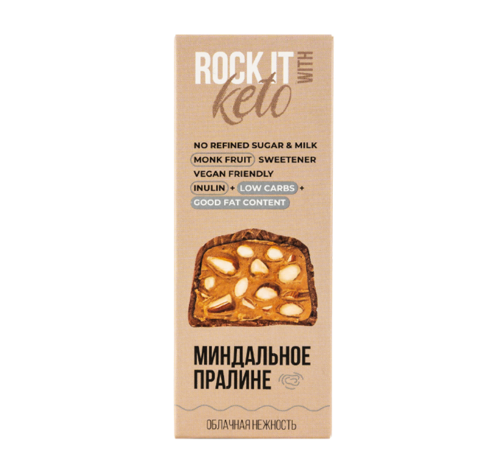 Rock it Батончик  Кето низкоуглеводный с миндалем  в шоколаде "Миндальное пралине", 40гр