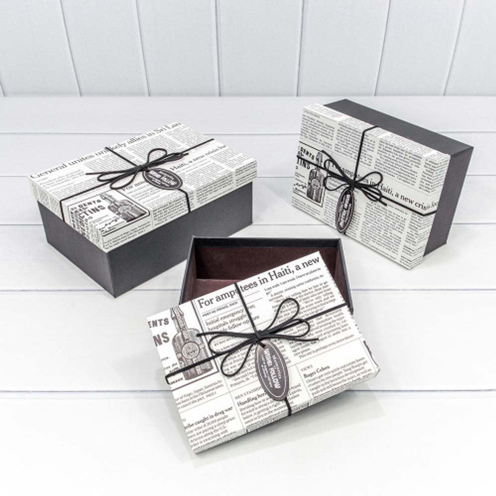 Коробка 22.5х16х9.5 см Набор 3 шт "Газета" с кожаным бантом (Серый)
