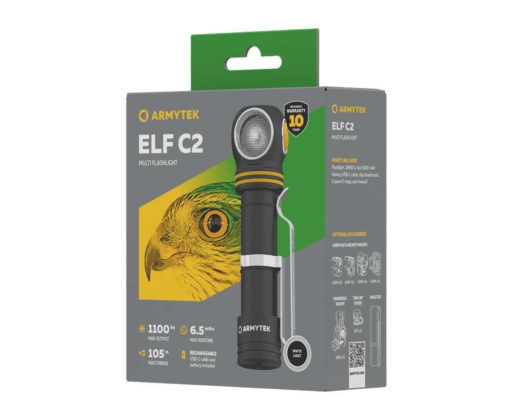 Мультифонарь светодиодный Armytek Elf C2 USB-C+18650, 1100 лм, холодный свет, аккумулятор