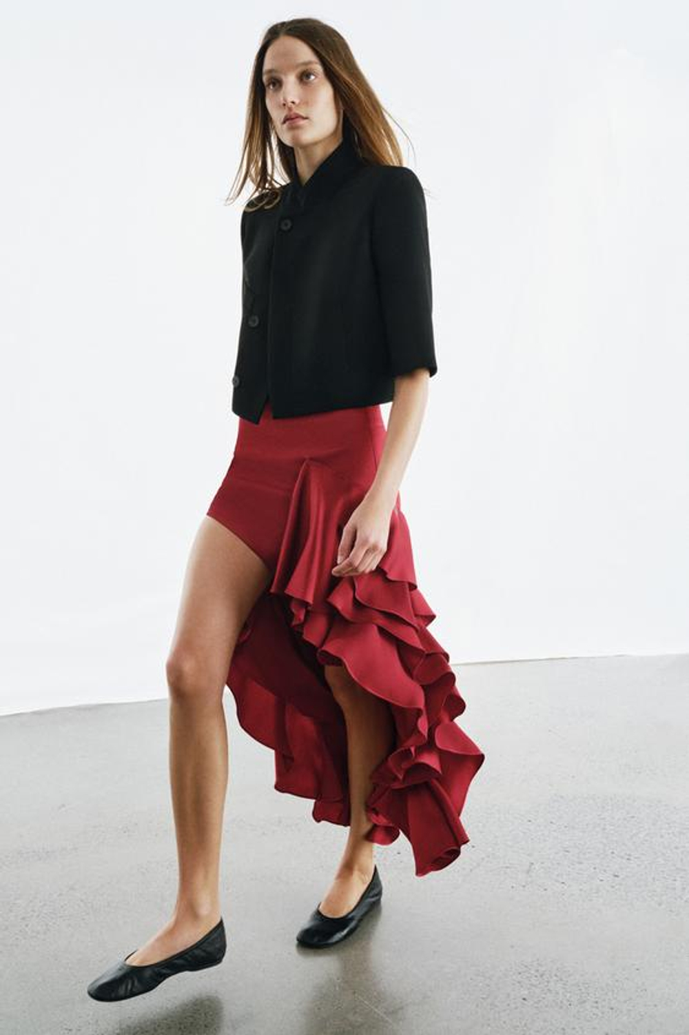 ZARA ЮБКА МИДИ С ВОЛАНАМИ — ZW COLLECTION, КРАСНЫЙ