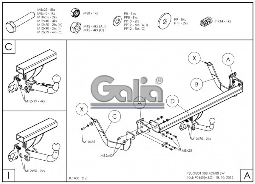 Фаркоп оцинкованный Galia P044A для Peugeot 508 универсал 2011-(паспорт и сертификат в комплекте)(без электрики)