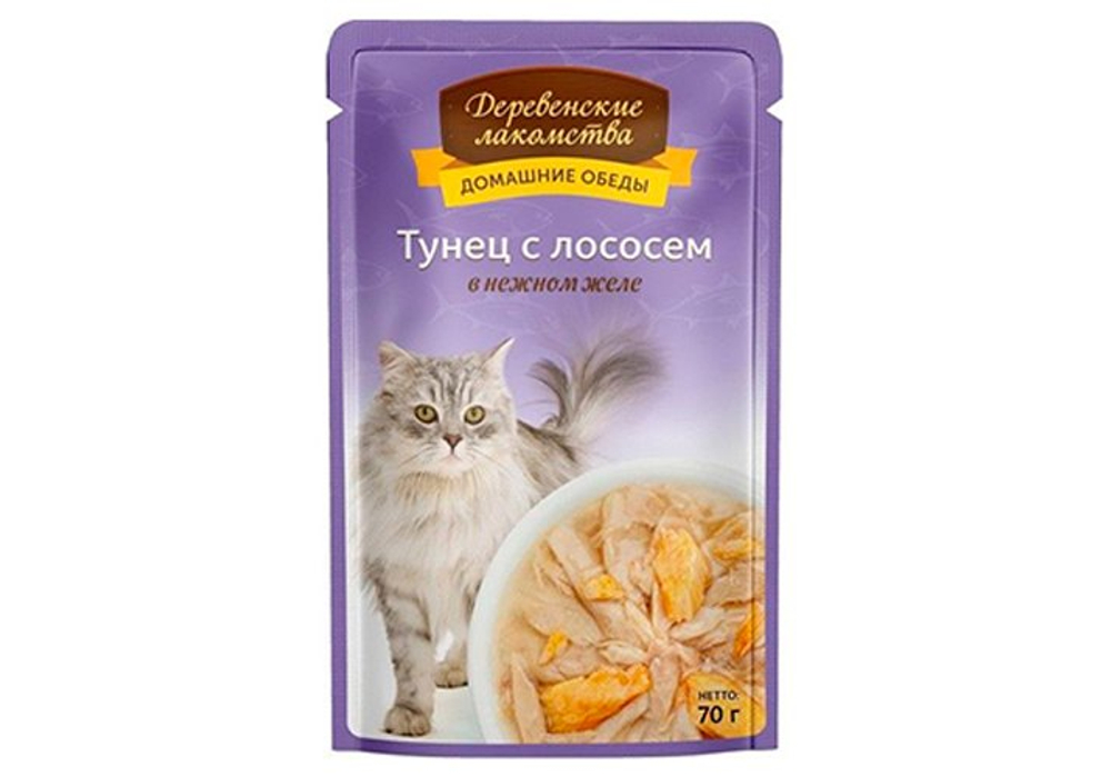 ДЕРЕВЕНСКИЕ ЛАКОМСТВА Пауч для кошек с тунцом и лососем в нежном желе 0,07 кг