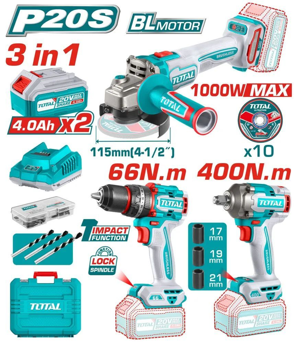 Набор аккумуляторных инструментов 3шт (УШМ, гайковерт, шуруповерт) TOTAL TOSLI241291