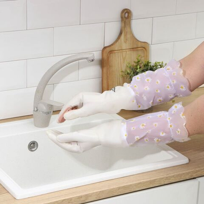 Белые хозяйственные перчатки с щётками, манжетой и подкладом (размер L) (Цвет: не задано)