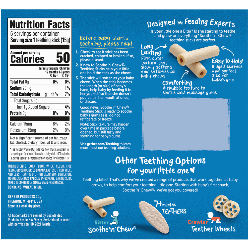 Gerber, Soothe 'N' Chew, палочки для прорезывания зубов, от 6 месяцев, банан, 6 стиков в индивидуальной упаковке, 15 г (0,53 унции)
