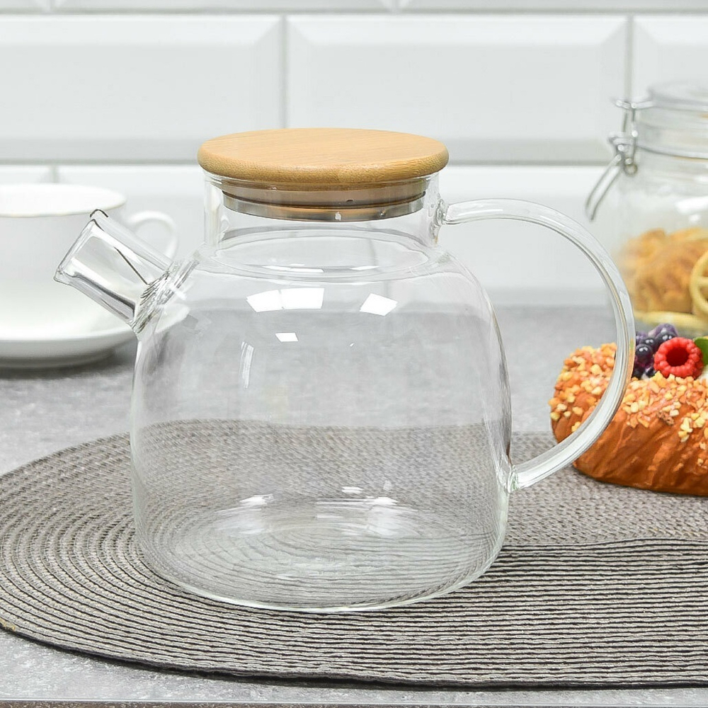 Чайник заварочный 1,5л стеклянный с бамбуковой крышкой, SA-TP03-1500