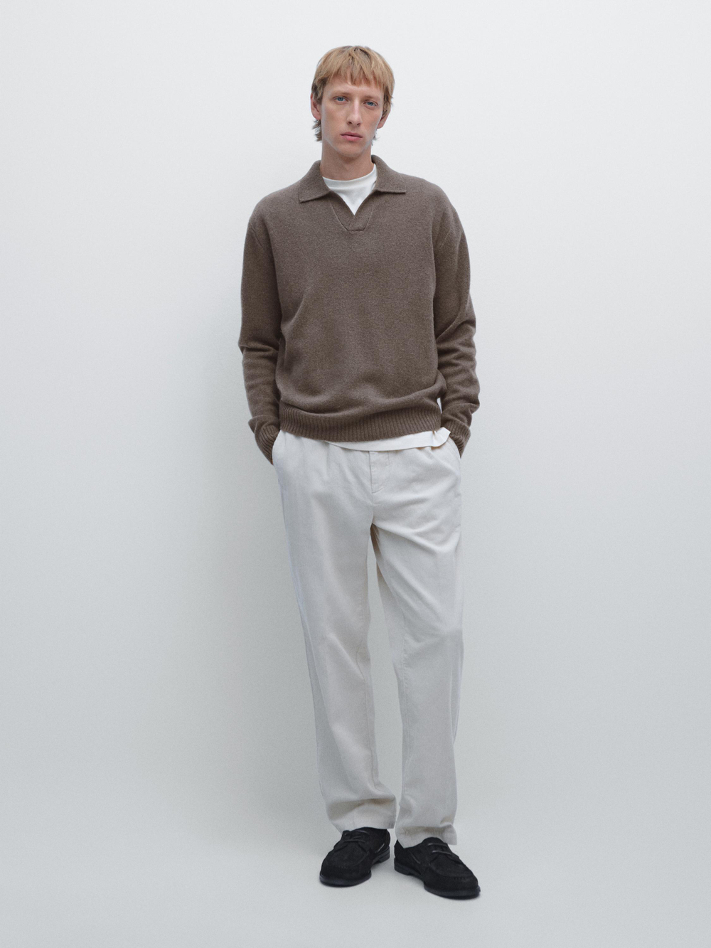 Massimo Dutti Свитер поло из смесовой шерсти с V-образным вырезом, серый