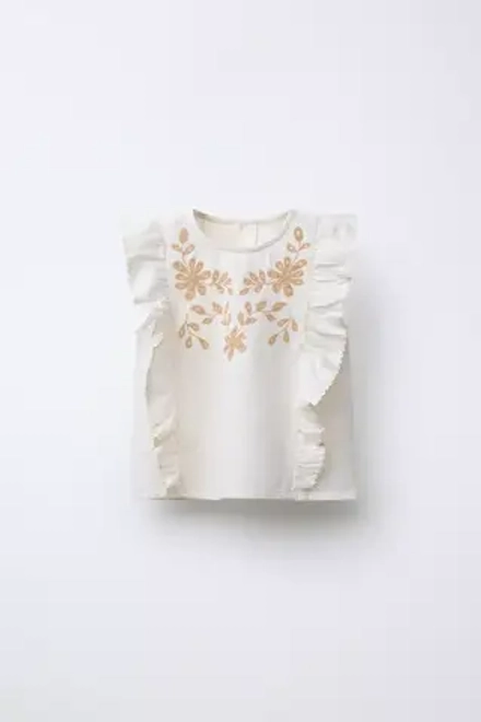 ZARA ТОП ИЗ СМЕСОВОГО ЛЬНА С ЦВЕТОЧНОЙ ВЫШИВКОЙ, ЭКРЮ