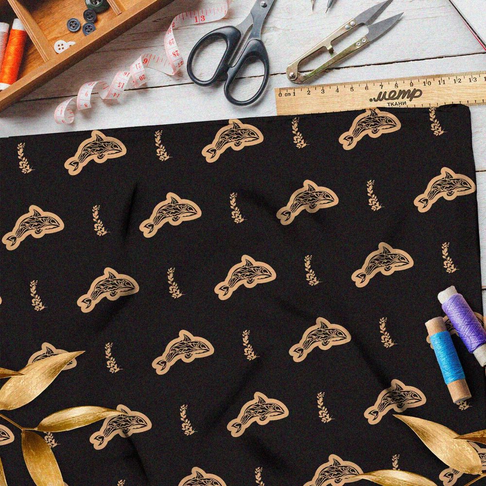 Ткань шифон песчаные акулы на чёрном фоне