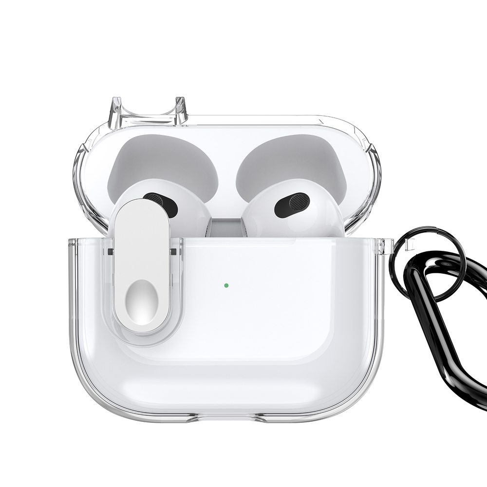 Прозрачный чехол с белой кнопкой для наушников AirPods 3, серия PECL Series от Dux Ducis, в комплекте с карабином