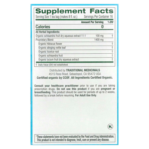 Traditional Medicinals, Organic EveryDay Detox®, Hibsicus & Schisandra Berry, без кофеина, 16 чайных пакетиков в упаковке, 24 г (0,85 унции)