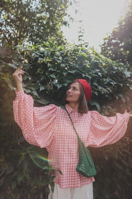 Рубашка с объемным рукавом, розовая клетка