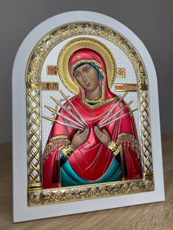 Семистрельная БМ, икона арочная, белое дерево, эмаль 175х225