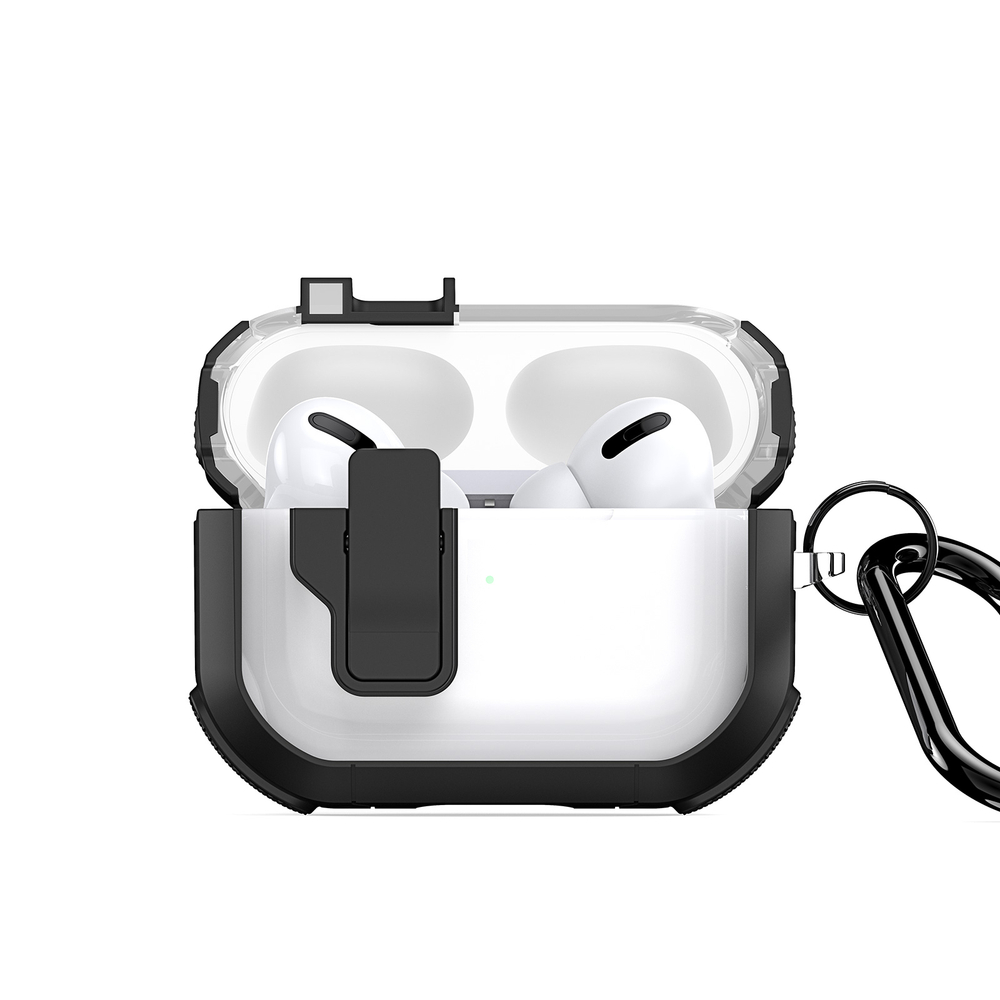 Чехол с замком от Dux Ducis для наушников AirPods Pro 2, прозрачный с черными вставками, серия PECN Series Case, в комплекте с карабином