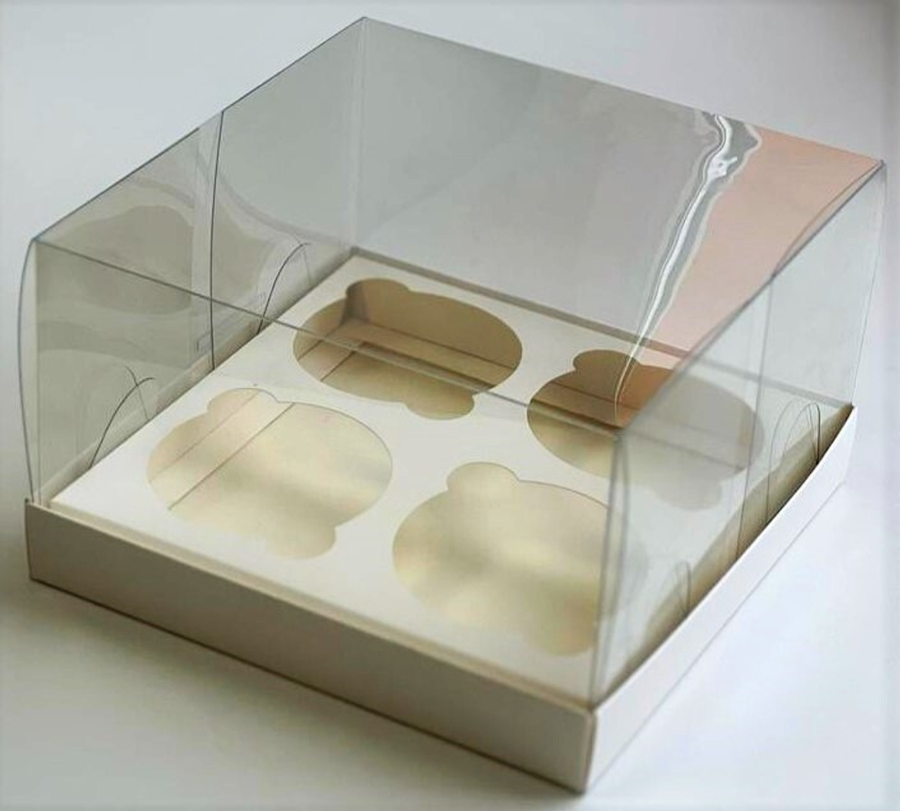 Коробка для 4 капкейков ПРЕМИУМ с прозрачным куполом 16х16х10 см