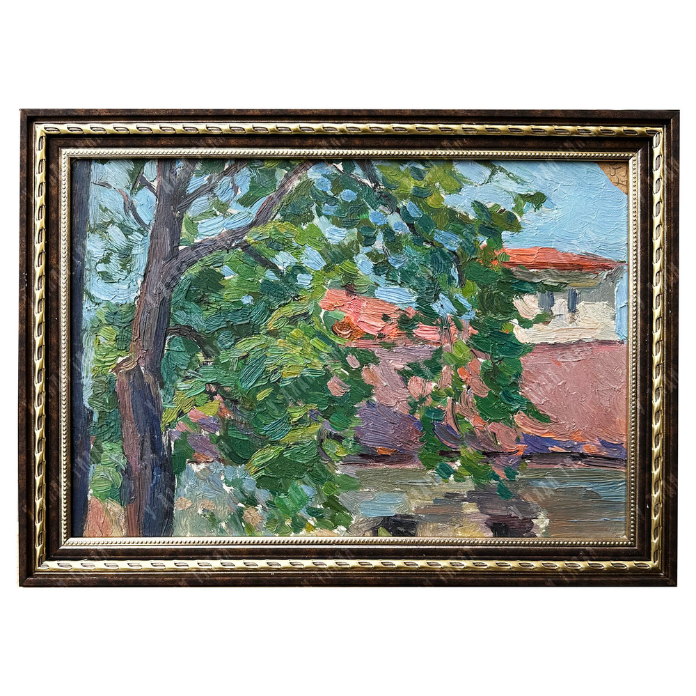 Динес Ю. С. Летний день. Дерево и крыша дома. Этюд. Картон, масло. 1954 г.